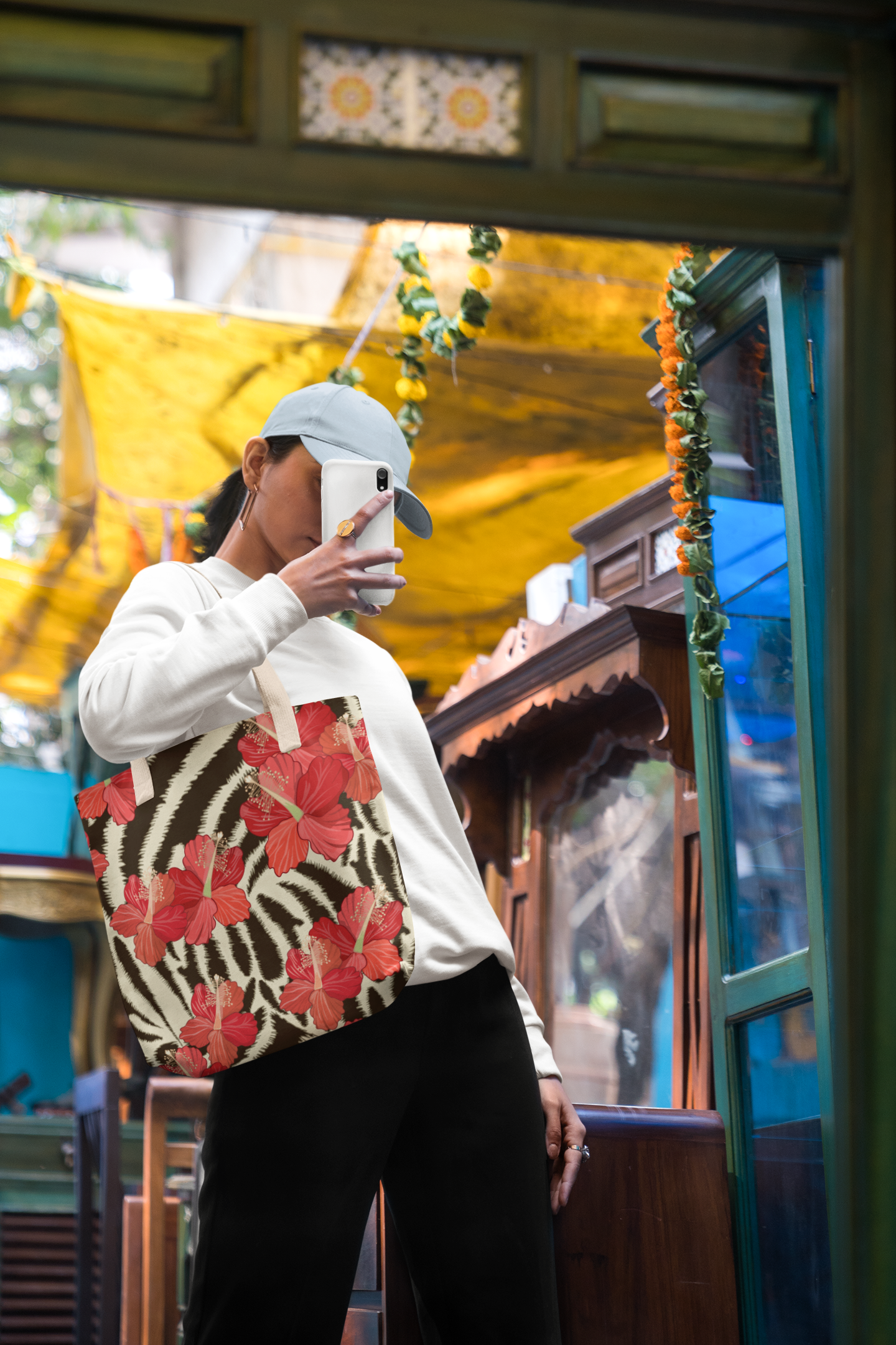 zebra Stripes and hibiscus flowers Tote